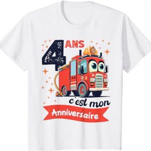 Tee shirt anniversaire garçon de 4 ans qui aime les camions de pompier