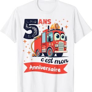 Tee shirt anniversaire garçon de 5 ans qui aime les camions de pompier